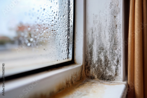 Mold infested wall near window in residential room. Moisture, dampness, ventilation problem at home