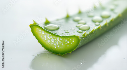 Close-up of fresh aloe vera leaf with water drops on white surface, natural skincare ingredient.