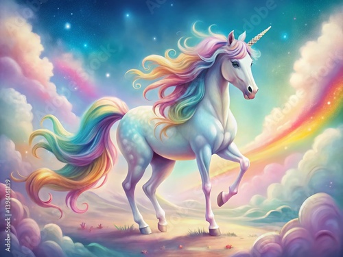 Magical Unicorn with Flowing Mane, Whimsical Background - Stock Photo