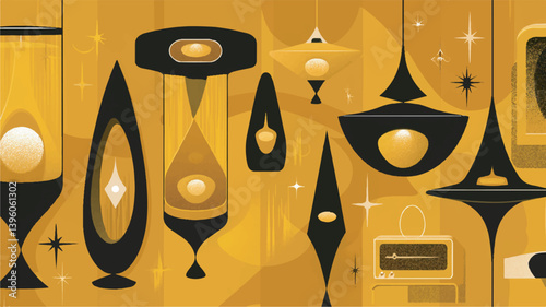 Abstract forms decorate golden retro interior background wallpaper