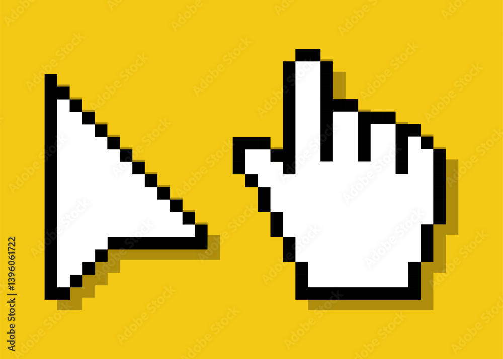 Pixel cursor pointers, 8 bit computer mouse cursor pointers, arrow, hand. Pixel cursor pointers, 8 bit computer mouse cursor pointers, arrow, hand.