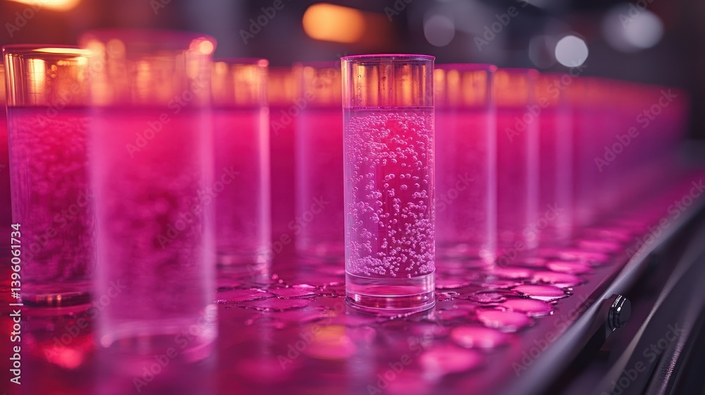 Pink illuminated glasses filled with sparkling liquid on a metallic tray. Pink illuminated glasses filled with sparkling liquid on a metallic tray.