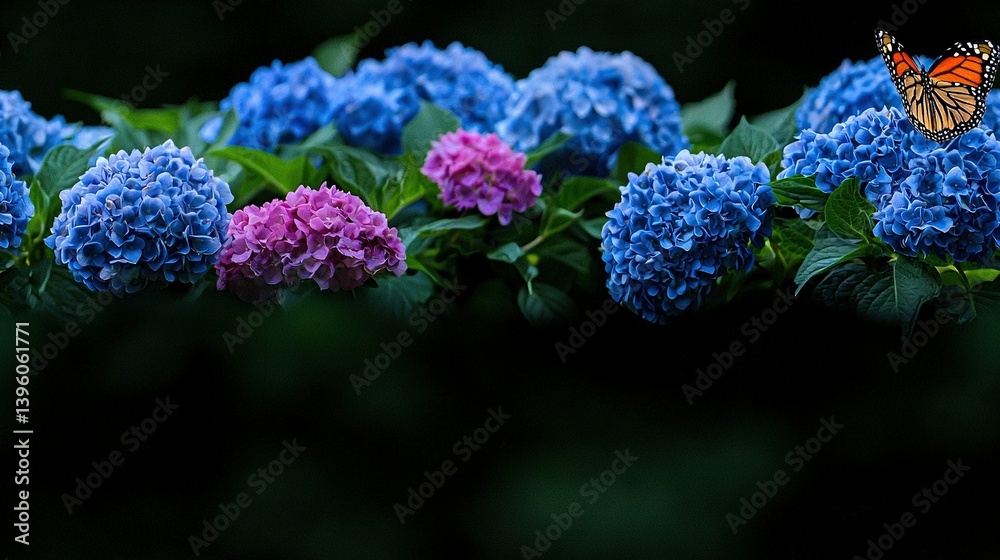 A butterfly rests atop a vibrant bouquet of blue and pink blossoms, set against a backdrop of lush green foliage A butterfly rests atop a vibrant bouquet of blue and pink blossoms, set against a backdrop of lush green foliage