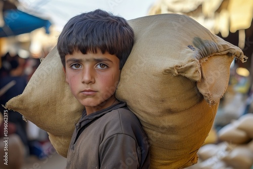 Young iranian boy struggling with a heavy sack in village market, capturing hardships of childhood