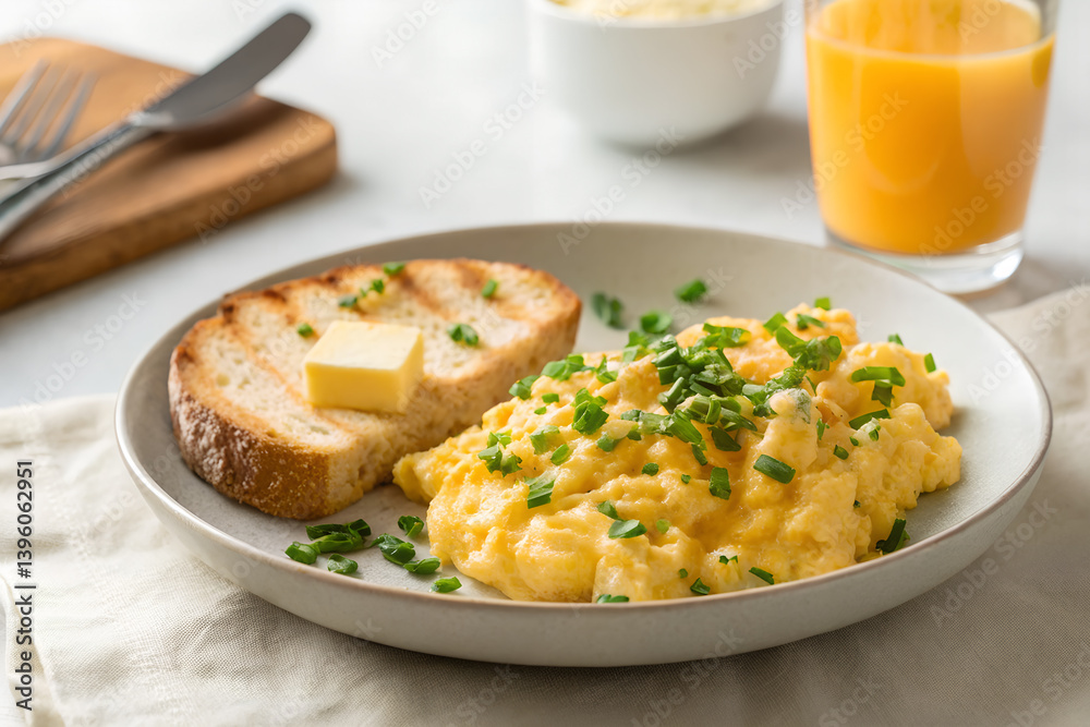 Delicious Scrambled Eggs With Toast And Orange Juice Breakfast Still Life Delicious Scrambled Eggs With Toast And Orange Juice Breakfast Still Life
