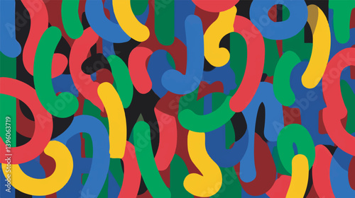 Colorful shapes interlock creating chaotic composition in abstract backdrop