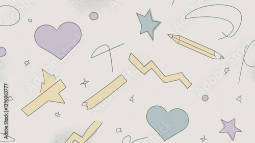 Sketched shapes float randomly across textured neutral background simple design