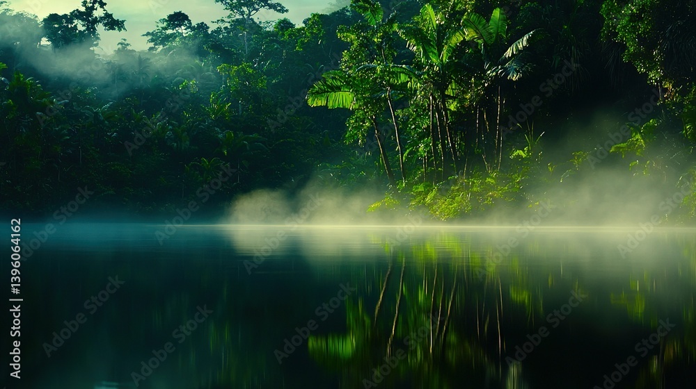   A forest lake surrounded by trees with rising mist