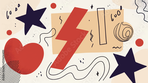 Colorful shapes scatter abstract design on cream backdrop