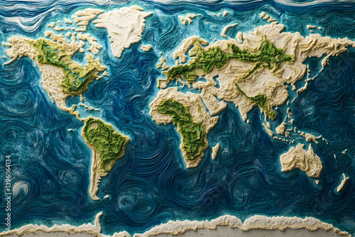A world map with topographical and oceanographic data
