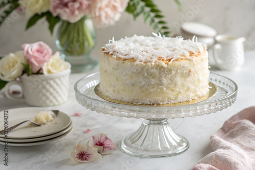Elegant Coconut Cake Displayed On Glass Stand With Floral Arrangement