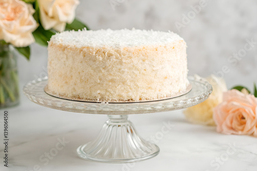 Delicate Coconut Cake On Glass Stand With Peach Roses For Celebration