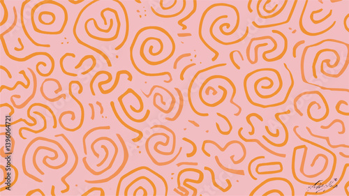 Orange doodles intertwine randomly across soft pink abstract background