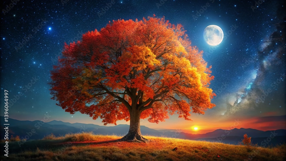 Majestic Autumn Tree at Night - Illuminated Branches & Golden Leaves Majestic Autumn Tree at Night - Illuminated Branches & Golden Leaves
