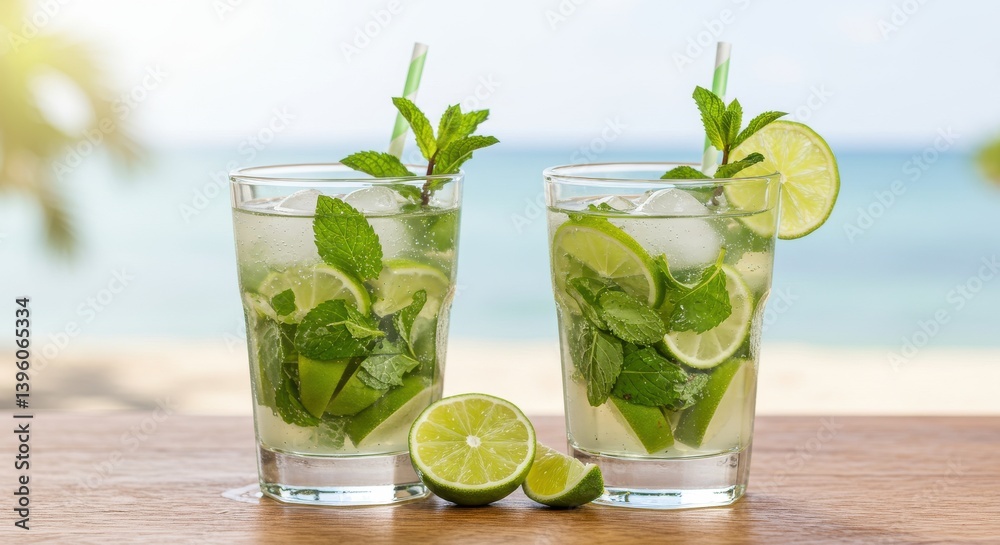 Two mojitos on a wooden surface with a beach background and mint garnish and lime slices on top Two mojitos on a wooden surface with a beach background and mint garnish and lime slices on top