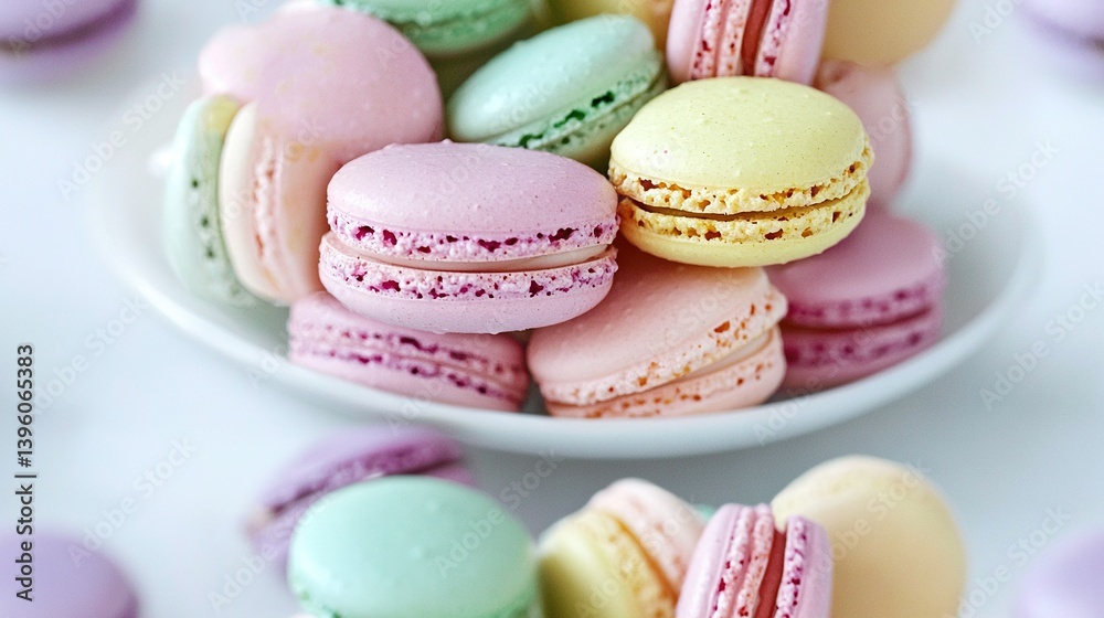 Fototapeta premium A plate full of vibrant macaroons rests on the table beside various macaroni dishes