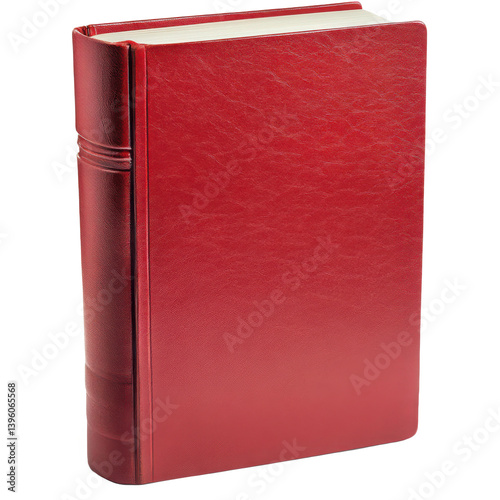 A single closed book with a red cover standing upright on a surface on transparent background