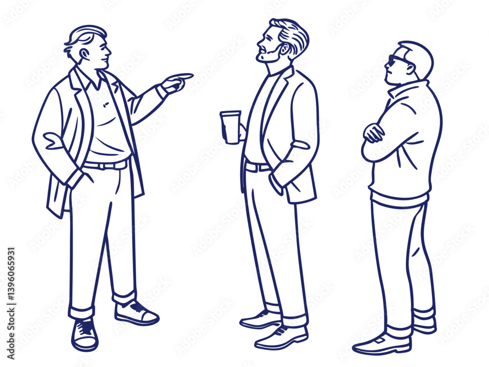 Group of Men Engaged in Conversation on White Background Group of Men Engaged in Conversation on White Background