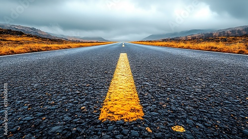 Endless road with yellow lane marking stretching into the mysterious foggy horizon : Generative AI