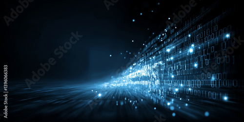 Glowing binary digits flowing through digital grid, abstract technology data stream with speed, perspective depth and futuristic cyber background for high-speed networks