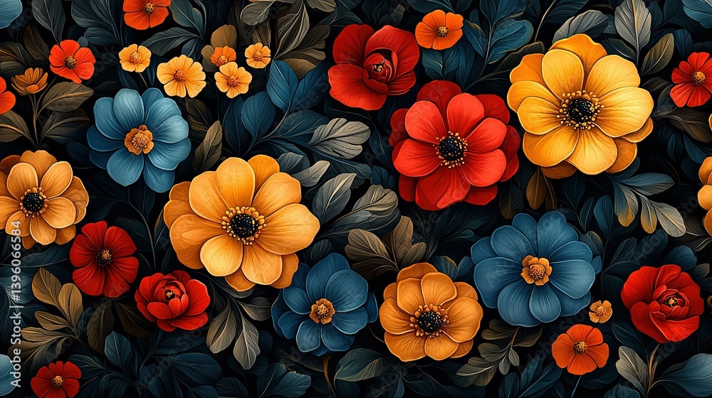 A group of flowers arranged on a dark background with red, yellow, blue, and green leaves A group of flowers arranged on a dark background with red, yellow, blue, and green leaves