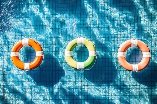 Colorful life buoys floating on shimmering pool water creating a vibrant summer scene filled with tranquility : Generative AI