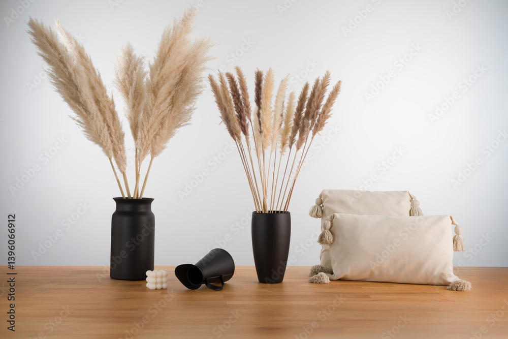 Pampas Grass and Cushions: Boho Interior Still Life with Candles