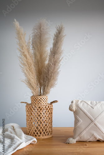 Obraz na płótnie Bohemian Style: Pampas Grass, Woven Vase and Textured Pillow Still Life w salonie