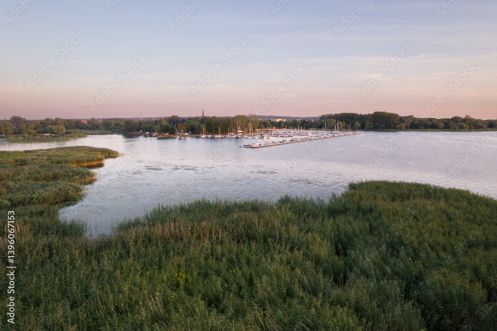 Lake Landscape: Aerial View with Marina and Reeds. Dabie Lake, Szczecin Poland Lake Landscape: Aerial View with Marina and Reeds. Dabie Lake, Szczecin Poland