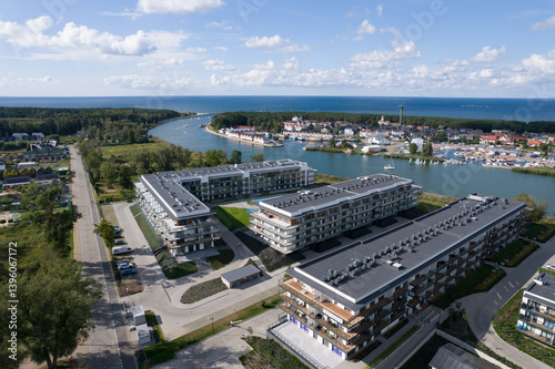 Obraz na płótnie Aerial View: Coastal Apartments Near the Sea. Dziwnow Poland. w salonie