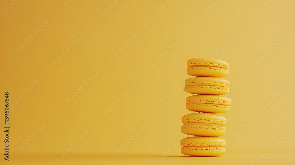 A stack of five yellow macarons against a matching yellow background in a studio setting A stack of five yellow macarons against a matching yellow background in a studio setting