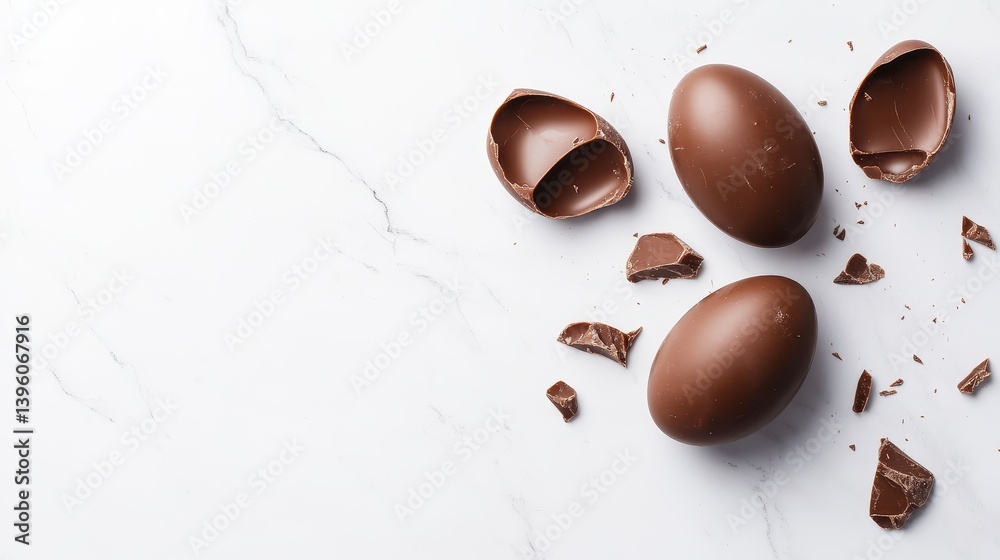 Obraz premium Photo of a broken chocolate Easter egg with copy space on a white marble background.