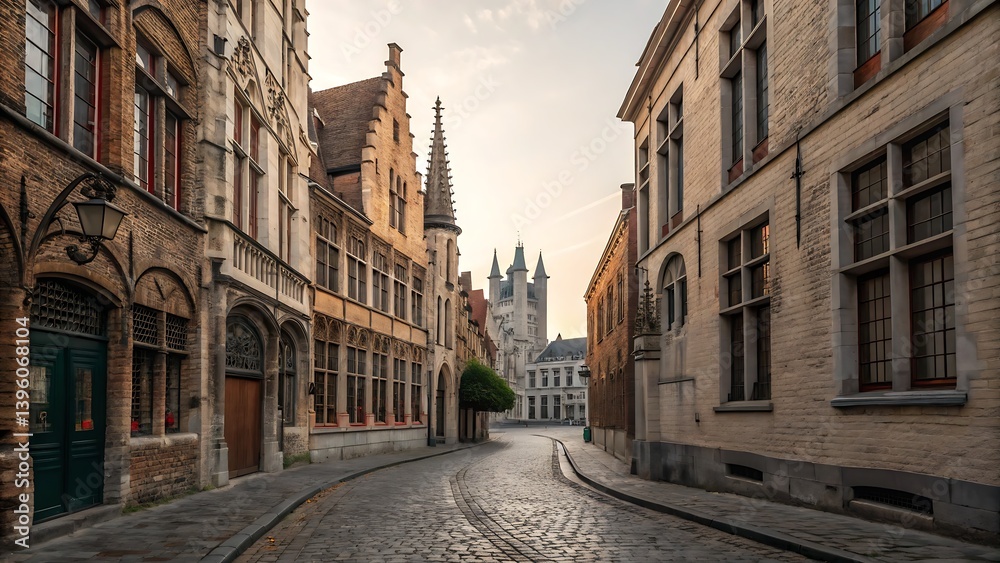 Obraz premium A charming cobblestone street lined with historic buildings in a European town, suggesting a journey through time.