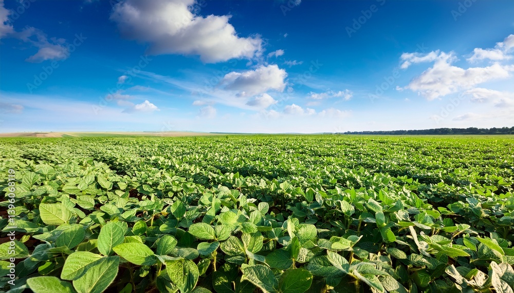 Soybeans green field on blue sky background Selective focus