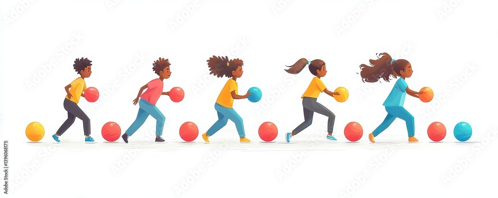 Fototapeta premium Group of children playing with colorful balls in a flat art style