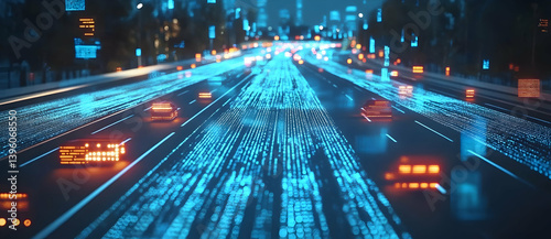 Digital highway with cars and futuristic elements