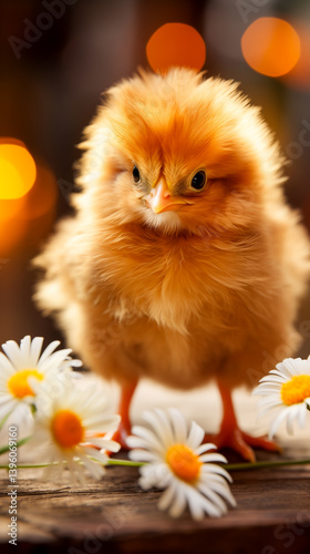 Fluffy Baby Chick with Daisies on Rustic Wooden Table at Easter