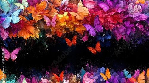   A cluster of vibrant butterflies soaring skyward with an empty expanse to the right of the photograph