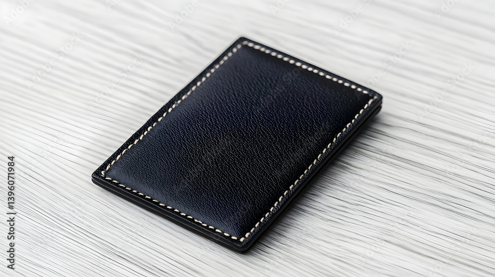 Black Leather Compact Wallet On Wooden Surface