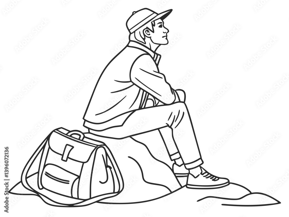 Obraz premium Solo Traveler Sitting on Stone with Bag