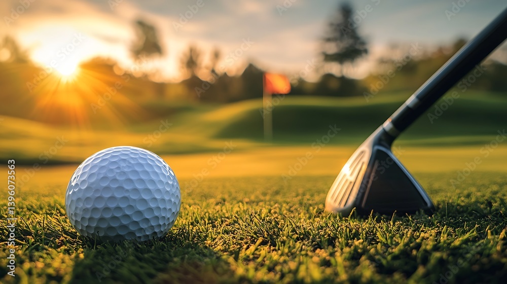 A close view of a golf ball poised on green grass with a golf club and sunset in the background : Generative AI