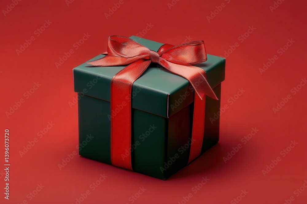 Green gift box with red bow on red background. Green gift box with red bow on red background.