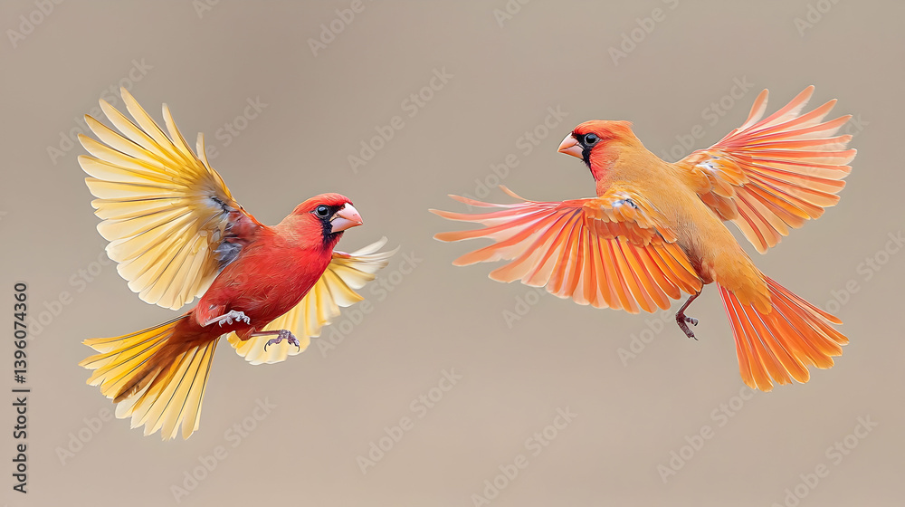 Two Red And Orange Birds In Flight Two Red And Orange Birds In Flight