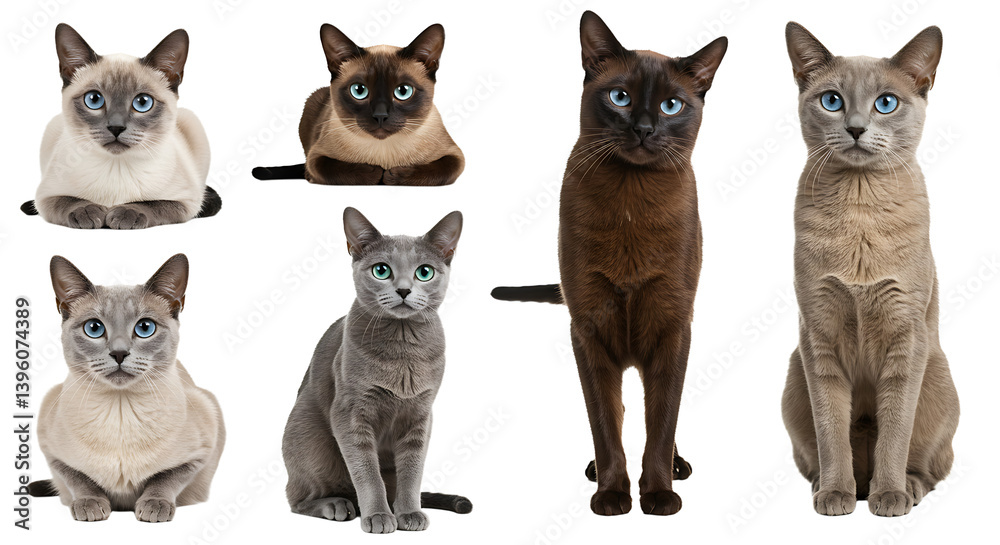 Cats Posing Together on White Background Collection of Feline Breeds