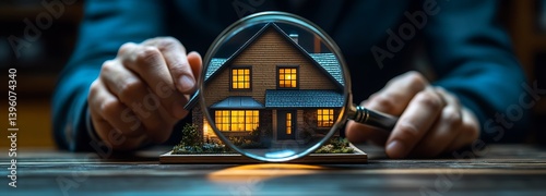 Obraz na płótnie Close up view of miniature house under magnifying glass showcasing warm glowing windows : Generative AI w salonie