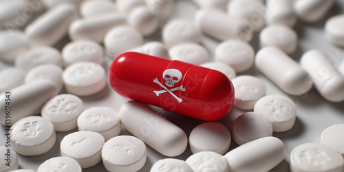dangerous red pill with skull icon among white tablets