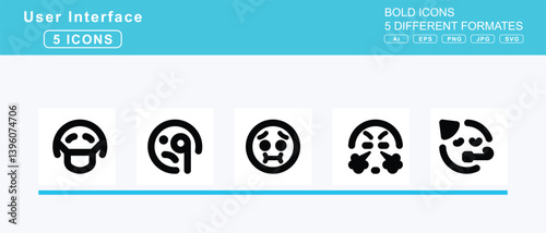 Set of 5 bold user interface icons,face, head, bandage, hushed, icicles, lying, mask