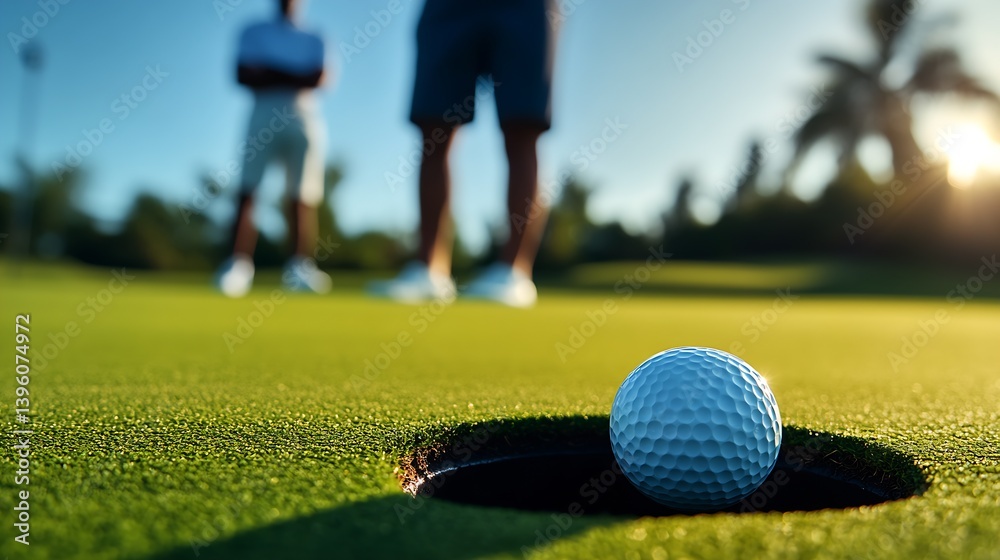 Close up view of golf ball rolling towards the hole on a sunlit green course with players in the background : Generative AI