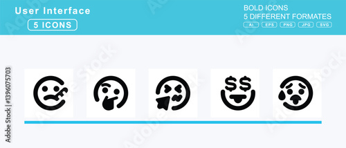 Set of 5 bold user interface icons,face, smiling, hands, smirking, sunglasses, swear, thermometer