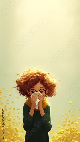 Unhealthy young girl blowing her nose into a paper or cloth handkerchief and sneezes in the pollen field.  Spring allergy or coronavirus outbreak concept. Empty space for text. Vertical video